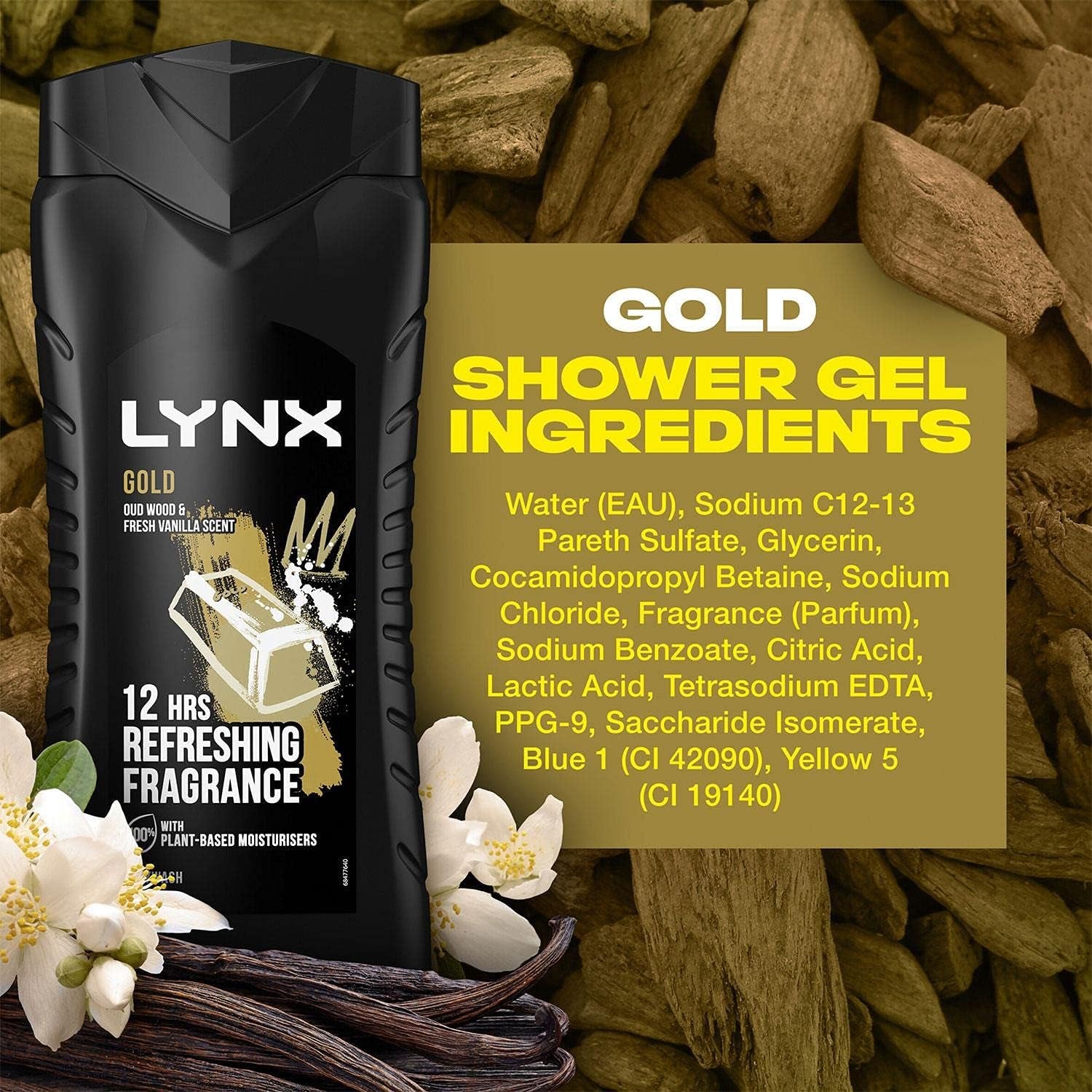 3 Pack of  12 Hour Refreshing Fragrance Gold Oud Wood and Vanilla Body Wash with Plant-Based Moisturisers & Dual Action Power, Keep Smelling Irresistible!