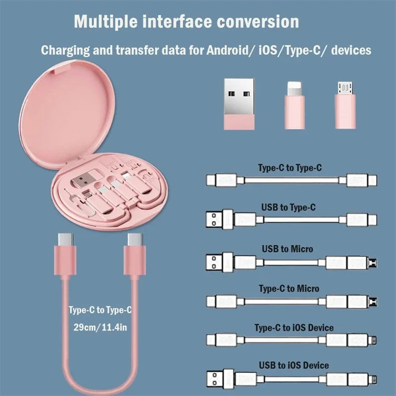 60W Multi Type-C to USB C to Micro USB to Lighting Fast Charging Phone Cable Kit for Iphone 14 13 15 Pro Data Cable Storage Box