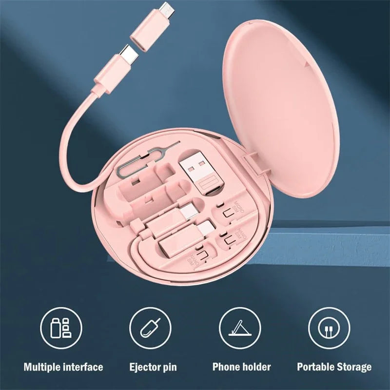 60W Multi Type-C to USB C to Micro USB to Lighting Fast Charging Phone Cable Kit for Iphone 14 13 15 Pro Data Cable Storage Box