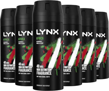 Lynx Africa the G.O.A.T. of Fragrance Aerosol Bodyspray 48 Hours of Odour-Busting Zinc Tech Deodorant to Finish Your Style 6X 150 Ml