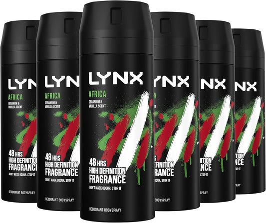Lynx Africa the G.O.A.T. of Fragrance Aerosol Bodyspray 48 Hours of Odour-Busting Zinc Tech Deodorant to Finish Your Style 6X 150 Ml