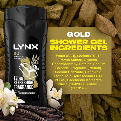 3 Pack of  12 Hour Refreshing Fragrance Gold Oud Wood and Vanilla Body Wash with Plant-Based Moisturisers & Dual Action Power, Keep Smelling Irresistible!