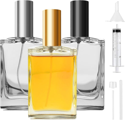 Omsscun 3Pcs Glass Perfume Bottle 50Ml, Perfume Spray Bottle, Empty Refillable Perfume Atomiser with Flat and Square Shape for Women Men Travel (Caps in Gold, Silver and Black)