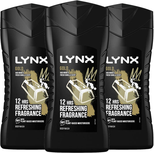 3 Pack of  12 Hour Refreshing Fragrance Gold Oud Wood and Vanilla Body Wash with Plant-Based Moisturisers & Dual Action Power, Keep Smelling Irresistible!