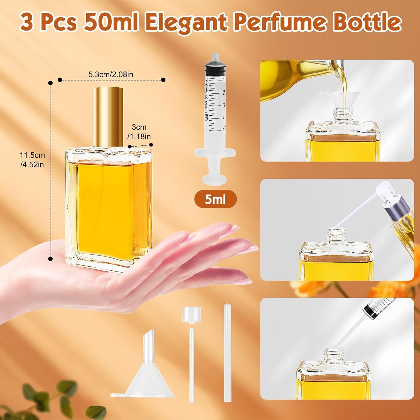 Omsscun 3Pcs Glass Perfume Bottle 50Ml, Perfume Spray Bottle, Empty Refillable Perfume Atomiser with Flat and Square Shape for Women Men Travel (Caps in Gold, Silver and Black)