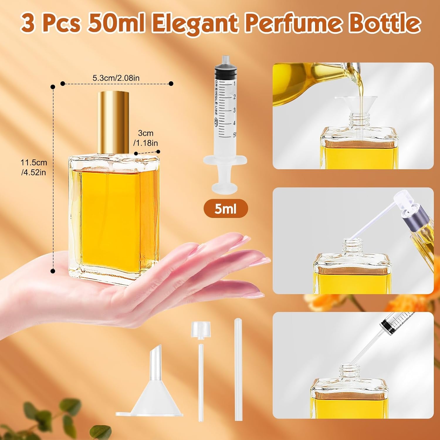 Omsscun 3Pcs Glass Perfume Bottle 50Ml, Perfume Spray Bottle, Empty Refillable Perfume Atomiser with Flat and Square Shape for Women Men Travel (Caps in Gold, Silver and Black)