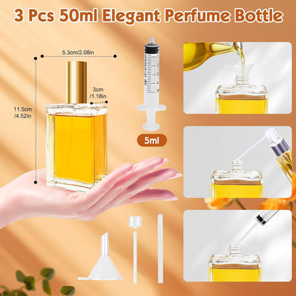 Omsscun 3Pcs Glass Perfume Bottle 50Ml, Perfume Spray Bottle, Empty Refillable Perfume Atomiser with Flat and Square Shape for Women Men Travel (Caps in Gold, Silver and Black)